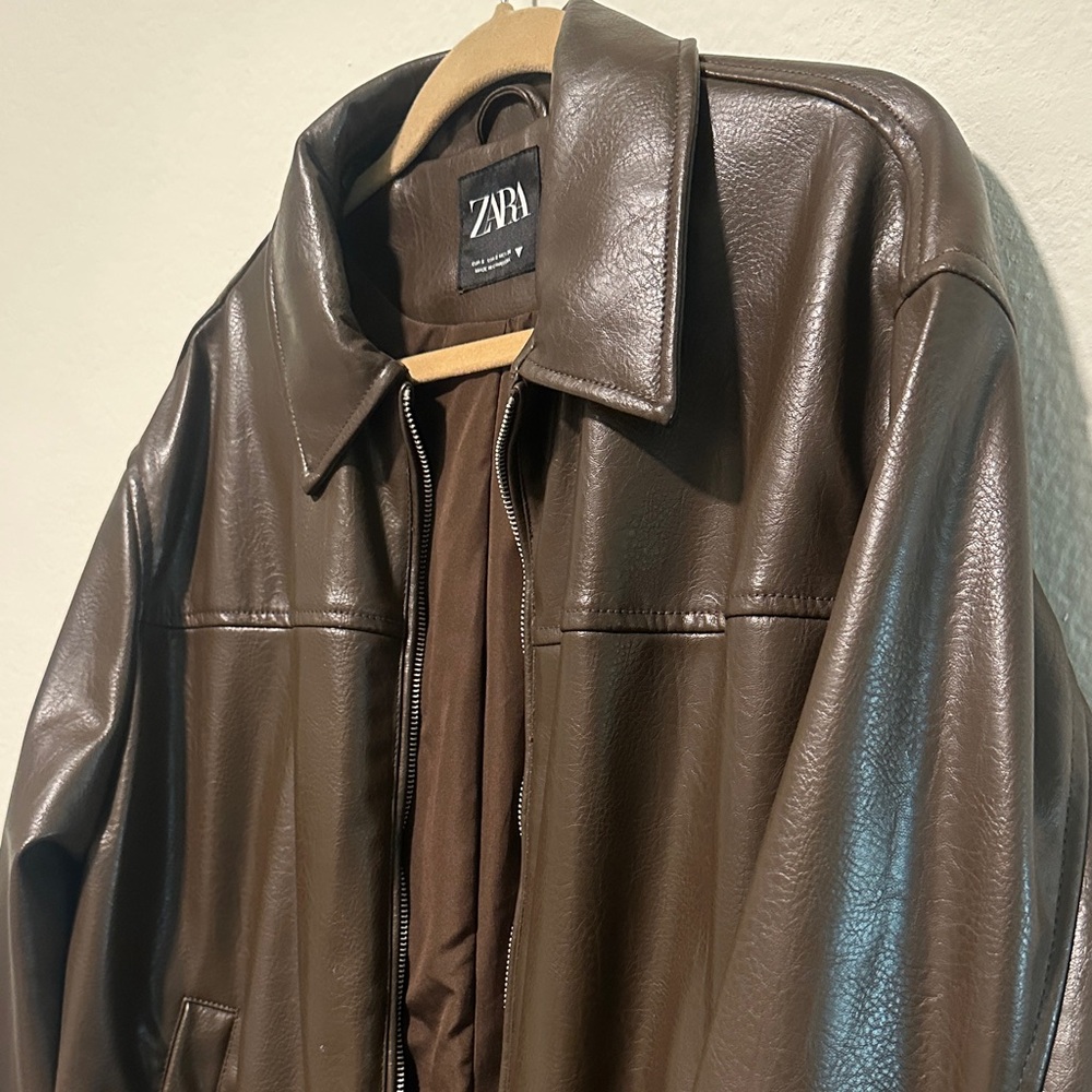 Zara Women’s Dark Brown Faux Leather Bomber Jacket